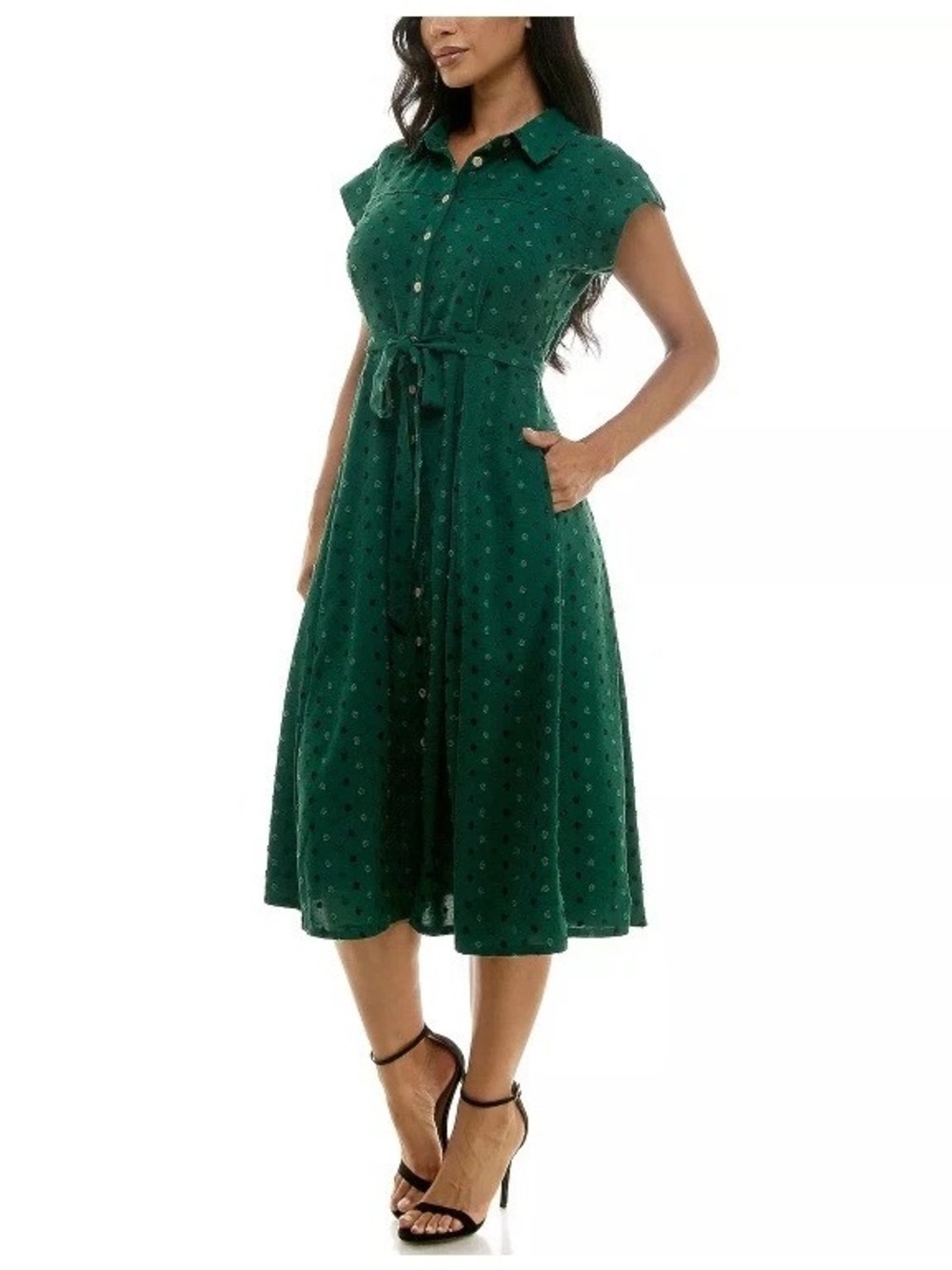 Nina Leonard Swiss Dot Button Front Shirt Dress Belted Short Sleeve Green 1X
